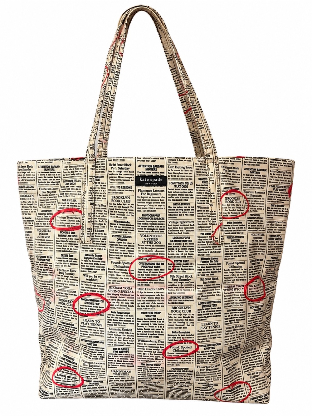 Vintage Kate Spade Cream Newsprint Canvas Tote with Red Accents